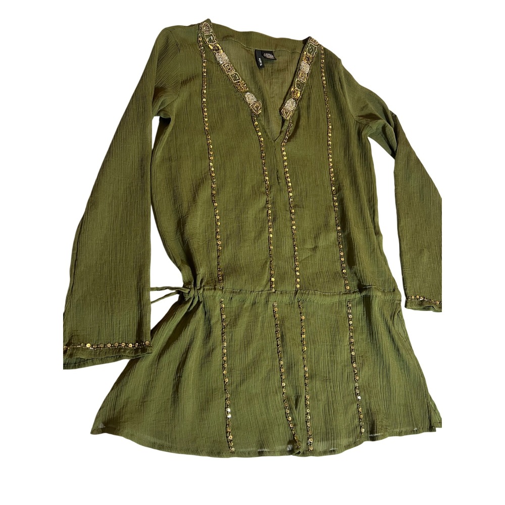 Y2K Mixit Sheer Tunic Top XS Boho Earthy Olive Green Beaded Gold Sequin Gauze - Picture 7 of 10